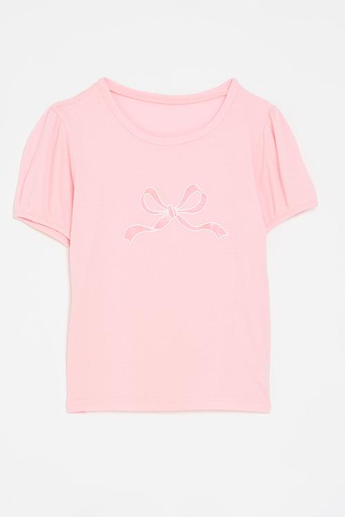 Puff sleeve bow graphic tee - pink