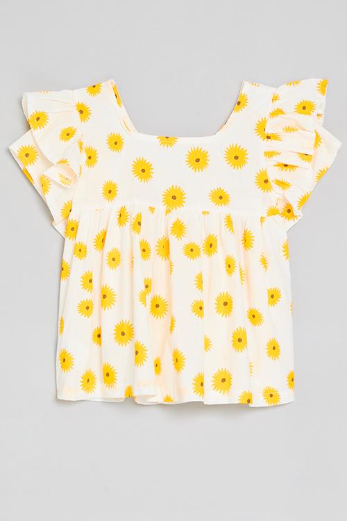 Sunflower print top with ruffled sleeves - white