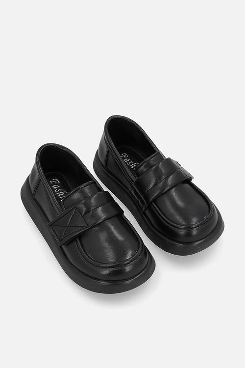 Thick sole loafers with adjustable fastener - black