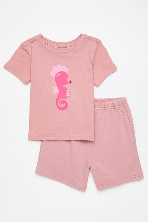 Seahorse placement print tee with shorts - dusty pink