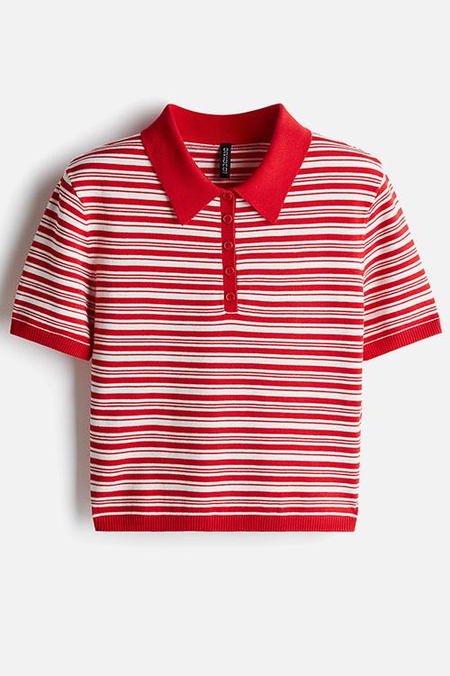 Fine-knit polo shirt - red/striped 