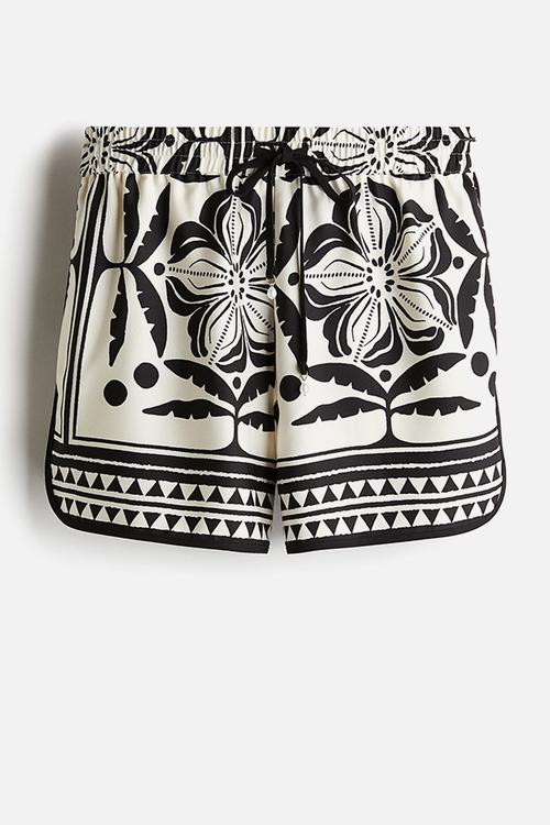 Drawstring twill shorts - white & black patterned