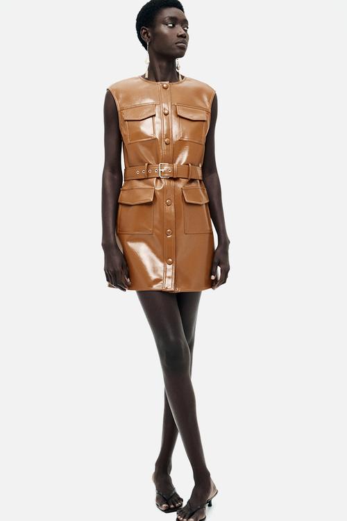 Coated cargo dress - brown