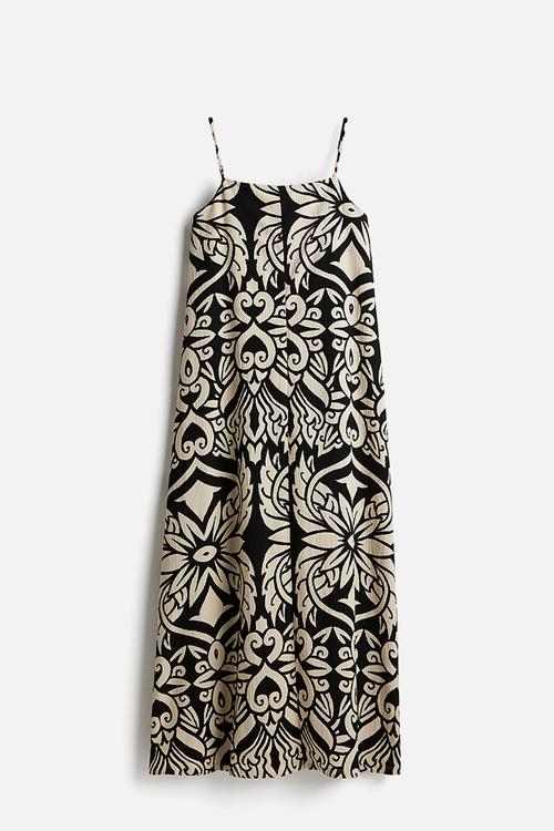 Crinkled strappy dress - black & light beige patterned