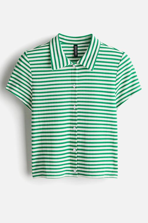 Ribbed short-sleeved shirt - green striped