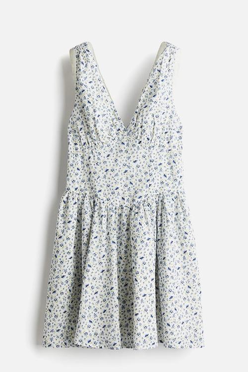 Flared-skirt cotton dress - cream floral