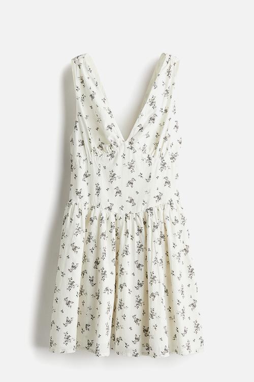 Flared-skirt cotton dress - cream floral