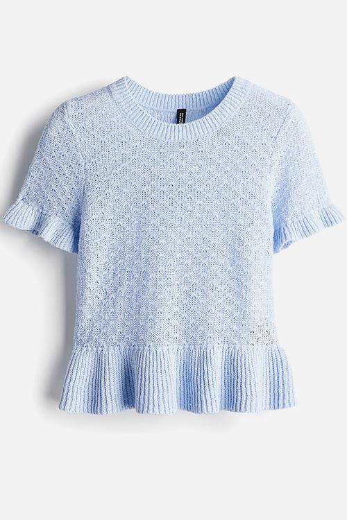 Frill-trimmed pointelle-knit top - light blue