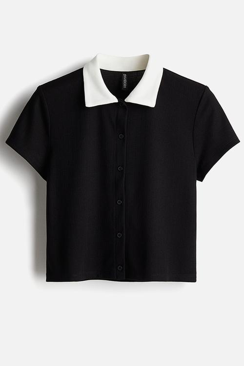 Ribbed short-sleeved shirt - black