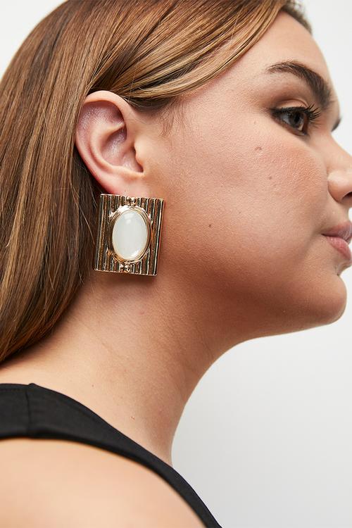 Grace statement square earring with oval stone - gold