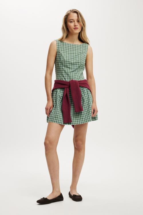 Mikki drop hem mini dress - greta check frosted green