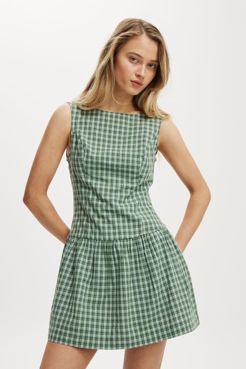 Shirred tube mini dress - harri micro check indigo
