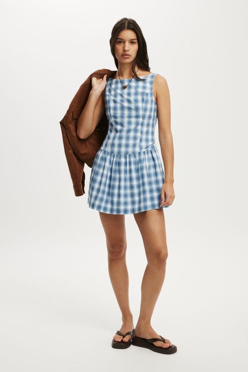 Mikki drop hem mini dress - Bailey Check Duck Egg Blue