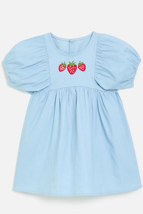 Grown-on puff sleeve dress with embroidered strawberries - light blue