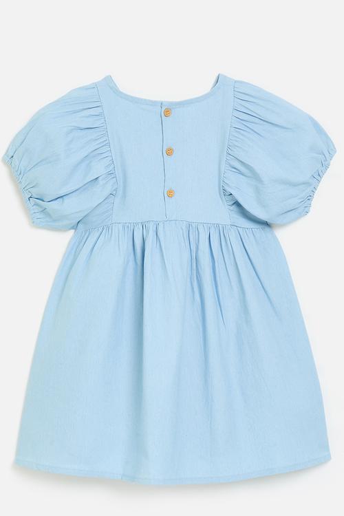 Grown-on puff sleeve dress with embroidered strawberries - light blue