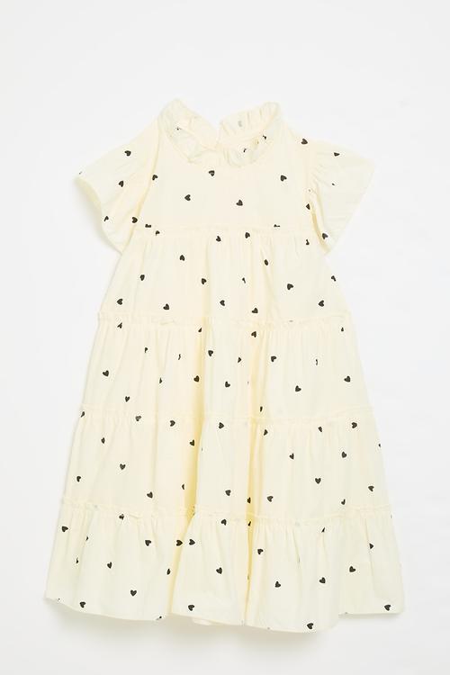 Smock dress with frilled mandarin collar - cream/polka dots