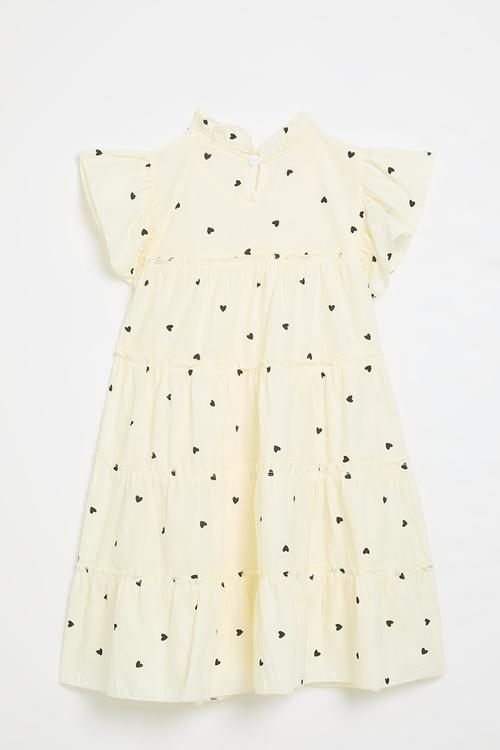 Smock dress with frilled mandarin collar - cream/polka dots