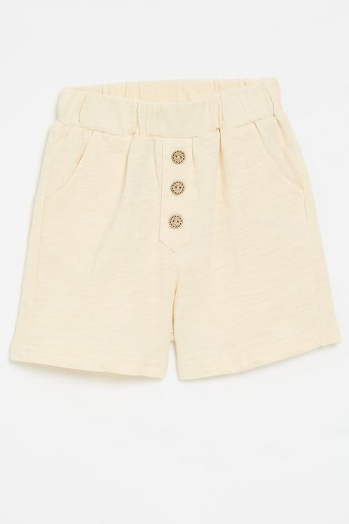 Elasticated waist shorts with decorative button closure - ecru