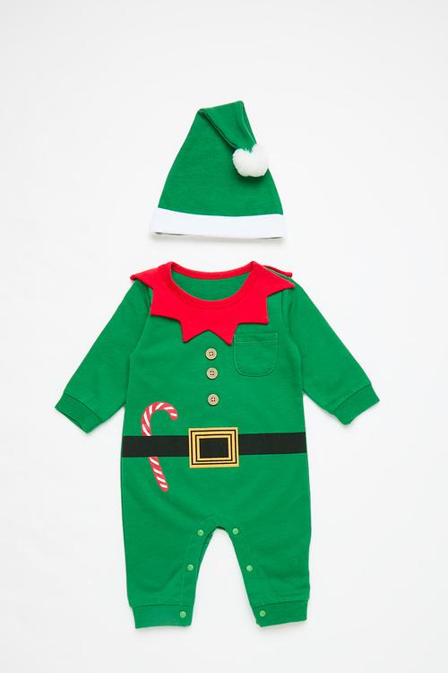 Novelty elf playsuit & hat set - green