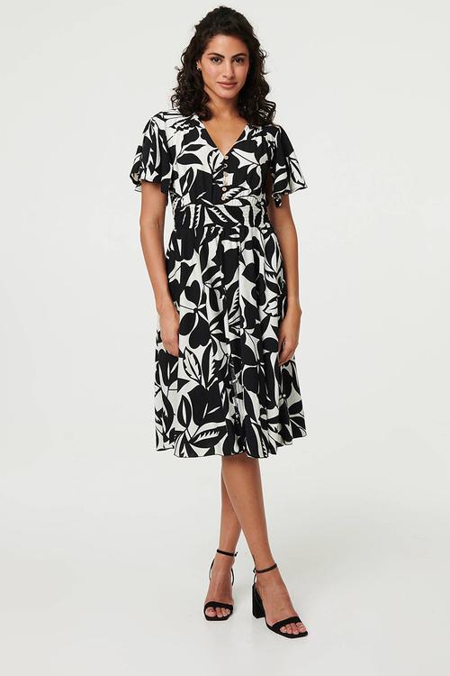 Elasticated Waist Midi Dress button through detail - Black