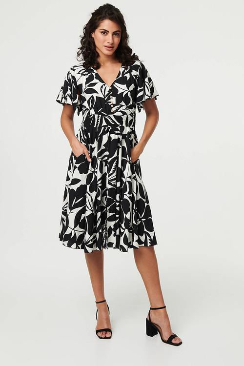 Elasticated Waist Midi Dress button through detail - Black