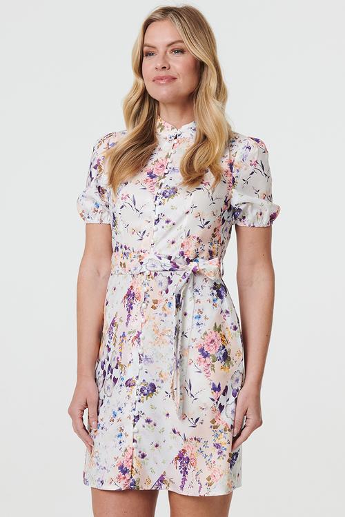 Printed S/S Mini Floral Dress With Small Button Detail - Multi White