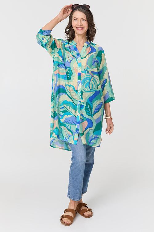 Half Sleeve Mandarin Collar Sheer Shirt Dress Button Through - Green