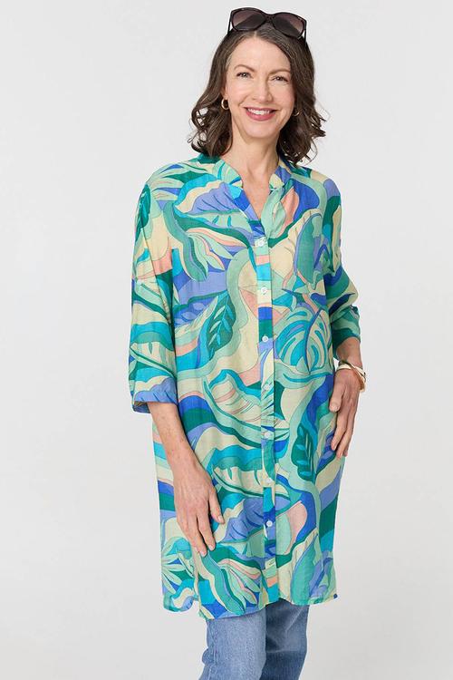Half Sleeve Mandarin Collar Sheer Shirt Dress Button Through - Green