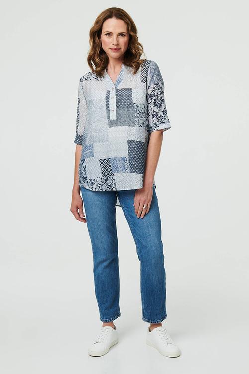 Half Sleeve Half Placket Patchwork Blouse - Blue