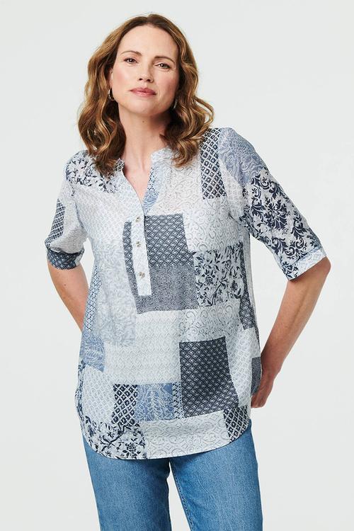 Half Sleeve Half Placket Patchwork Blouse - Blue