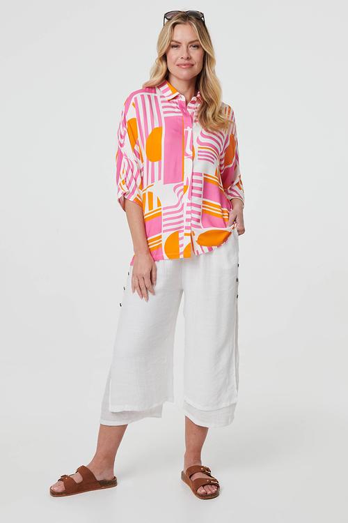 Oversized Easy Wearing Batwing Abstract Print Blouse - Multi Pink