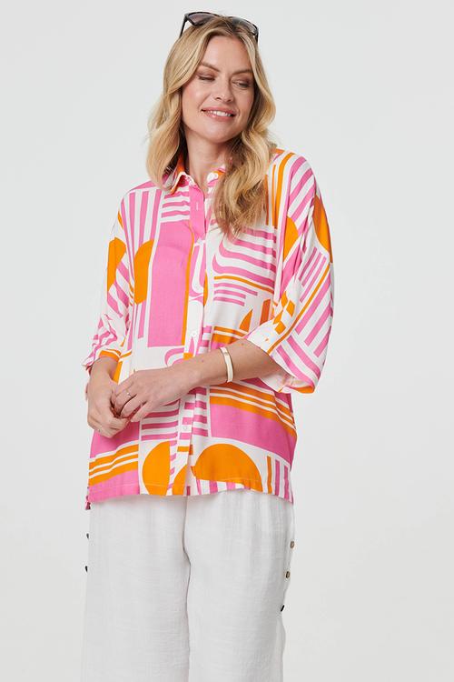 Oversized Easy Wearing Batwing Abstract Print Blouse - Multi Pink