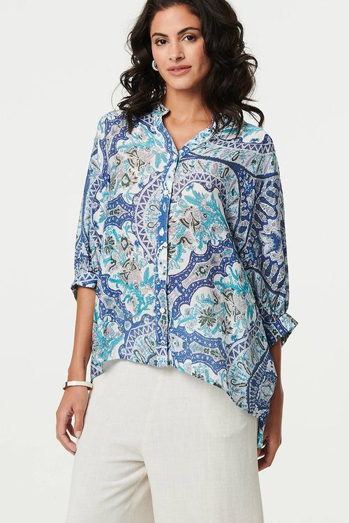 Oversized Easy Wearing Batwing Floral Print Blouse - Multi Blue