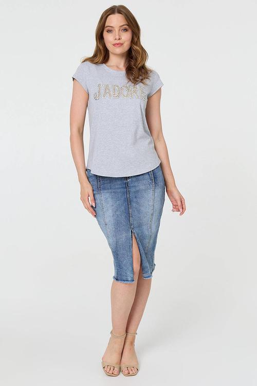 Cap Sleeve Scooped Hem Jadore Logo Tee - Grey