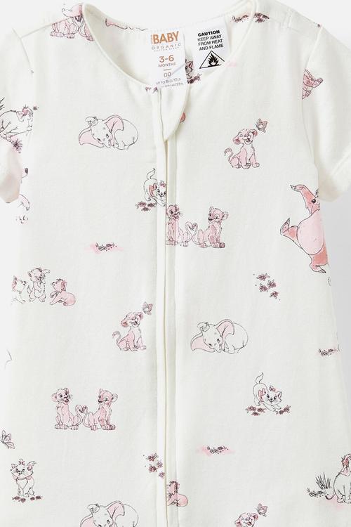 The short sleeve zip romper license - lcn dis vanilla/tea party pink disney friends