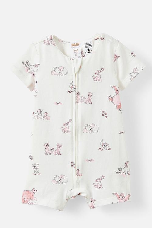 The short sleeve zip romper license - lcn dis vanilla/tea party pink disney friends