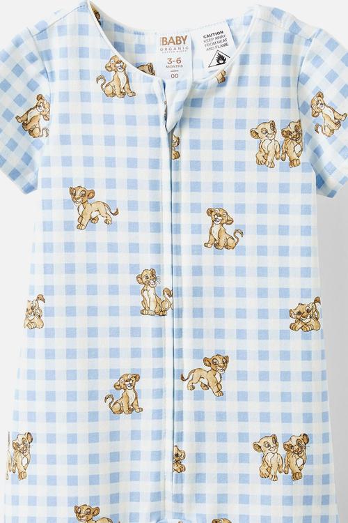 The short sleeve zip romper license - lcn dis dawn blue/simba & nala check