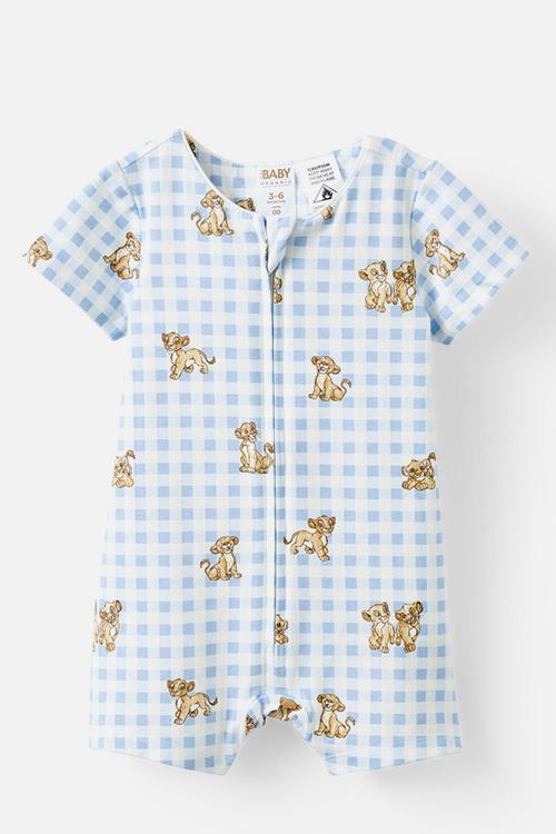 The short sleeve zip romper license - lcn dis dawn blue/simba & nala check