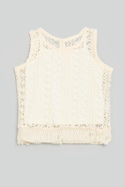 Fringe hem crocheted top - ecru