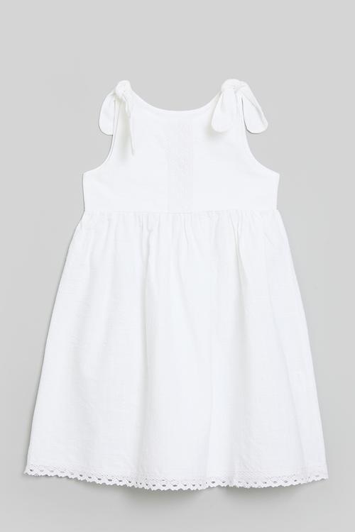 Shoulder tie dress with lace trim hem - white