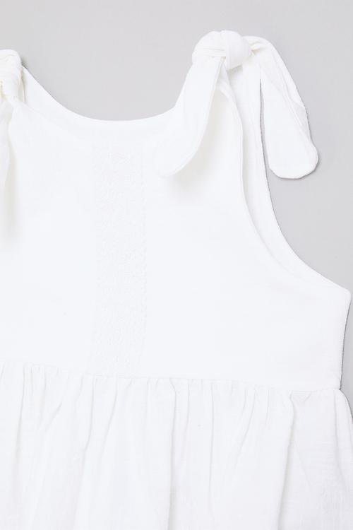 Shoulder tie dress with lace trim hem - white