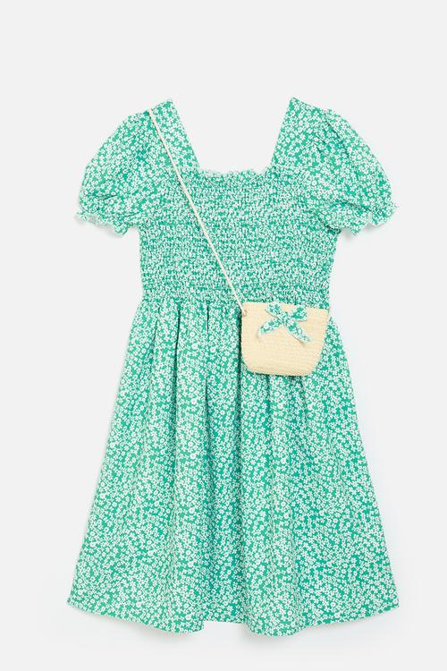 Ditsy floral shirred bodice dress with crossbody bag - green