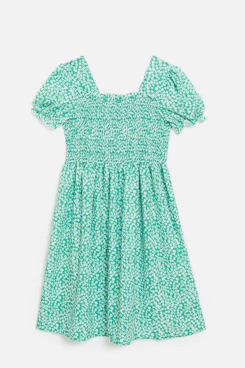 Ditsy floral shirred bodice dress with crossbody bag - green
