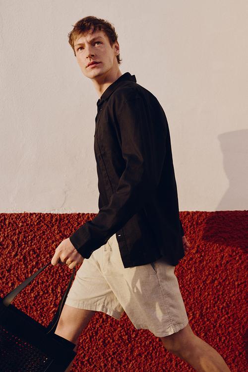 Regular fit linen-blend shorts - cream