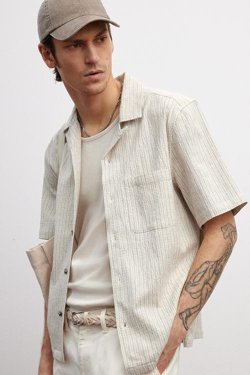 Regular fit linen-blend resort shirt - beige