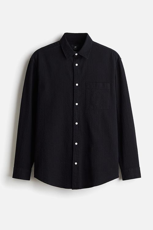 Loose fit seersucker shirt - navy blue