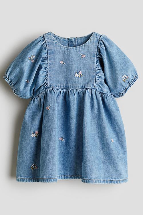 Embroidery-detail denim dress - denim blue/floral 