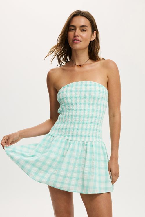 Shirred tube mini dress - bailey check powder green