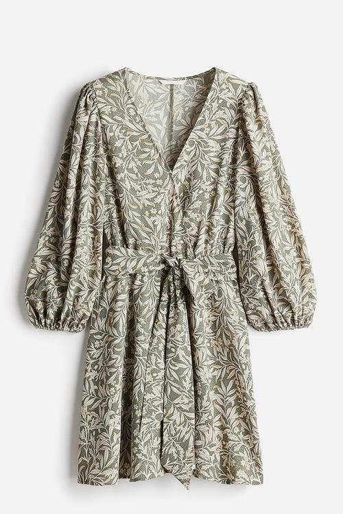Tie-belt dress - light khaki green patterned