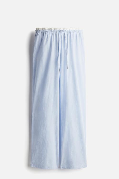Double-waistband poplin drawstring trousers - light blue striped